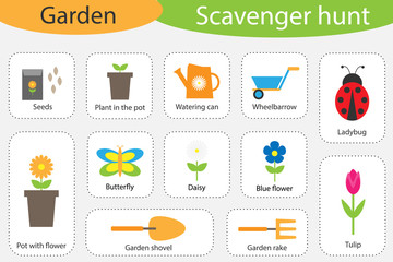 Scavenger hunt, garden theme, different colorful pictures for children, fun education search game for kids, development for toddlers, preschool activity, set of icons, vector illustration