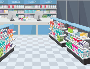 Modern interior pharmacy and drugstore. Sale of vitamins and   medications. Funny cartoon flat vector simple illustration.