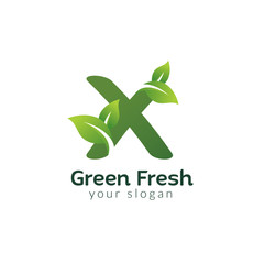 Eco green letter X logo design template. Green alphabet vector design with green and fresh leaf illustration.