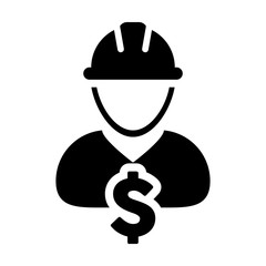 Mechanic icon vector male construction worker person profile avatar with dollar sign currency money symbol and hardhat helmet in flat color glyph pictogram illustration