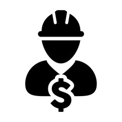 Industry worker icon vector male person profile avatar with currency money symbol and hardhat helmet in flat color glyph pictogram illustration