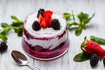 berry trifle, layered mouse in portioned glass jar
