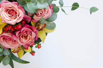 Flowers composition. Bouquet flowers on white background. Top view, copy space. - Image