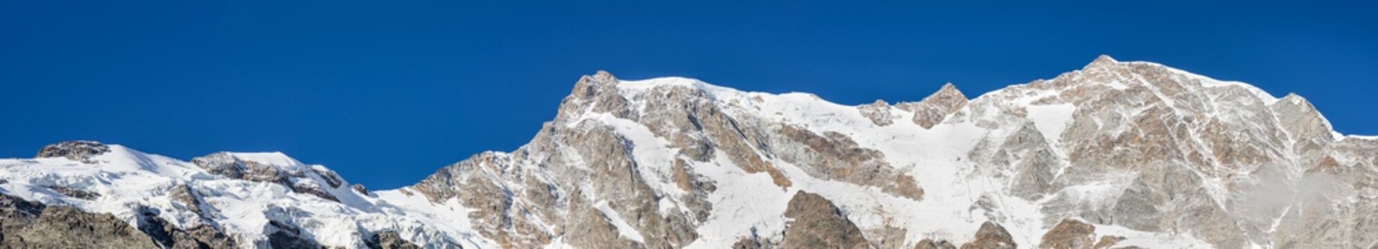 East wall of Monte Rosa with the highest peaks, Macugnaga, Italy. Are visible the Tre Amici tip, Gnifetti tip, Zumstein, the Dufour tip, the Nordend, the Jagerhorn