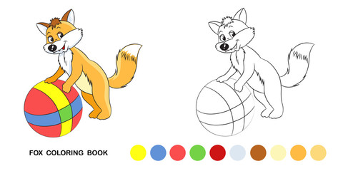 Coloring book. Cartoon illustration of a fox playing with a ball.