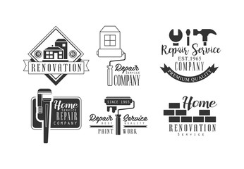 Set of creative logos for repair services. Monochrome vector emblems for companies of home renovation and paint work