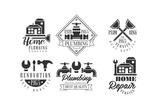 Original monochrome emblems for plumbing and home renovation services. Vector logos with buildings, working tools and water taps