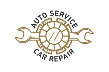 Car service logo template design icon or label. Automotive car repairservice and restoration template. Logo with a wrench.