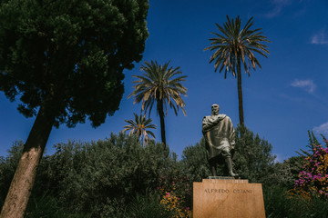 ROME, ITALY - 2018: Beautiful monument to the famous Italian Alfredo Oriani in the Park on the background of palm trees