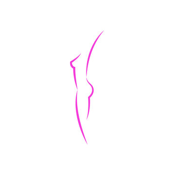 Body of lady logo for spa salon, abstract female slim figure in thin pink lines, subtle silhouette of nude young woman side view