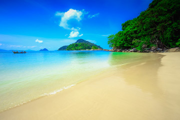 Beautiful sea beach with bright blue sky at Ranong ,Thailand