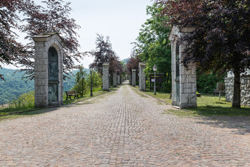 Small way of the cross in the mountains of lake Como at the village of Esino Lario (913 m) above the town of Varenna