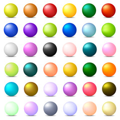 Collection of 36 Colorful Realistic Spheres isolated on white background. Glossy Shiny Balls. 3d Colored Balls and Spheres. Vector Illustration for Your Design, Web.