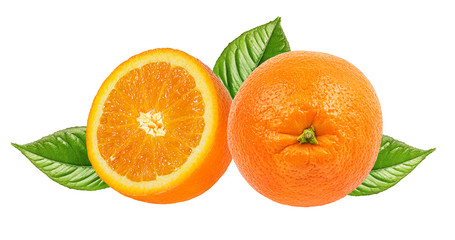 Juicy orange  with leaves isolated on white background with clipping path
