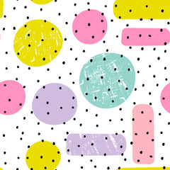 Hand drawn various shapes, dots and drops. Abstract contemporary seamless pattern. Modern trendy vector illustration. Perfect for textile prints
