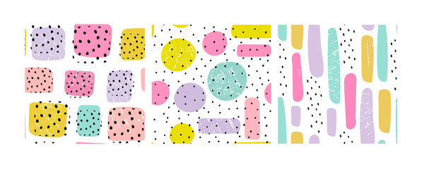 Hand drawn various shapes, dots and drops. Set of three abstract contemporary seamless patterns. Modern trendy vector illustration. Perfect for textile prints. Every pattern is isolated