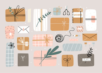 Various gifts and presents. Craft paper, envelopes, boxes, ribbons, branches and other decor elements. Flat design. Hand drawn trendy vector set. Pastel colors. All elements are isolated