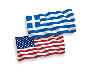 National vector fabric wave flags of Greece and USA isolated on white background. 1 to 2 proportion.