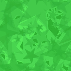 Chaotic large green stars on lime background in projection and with depth.