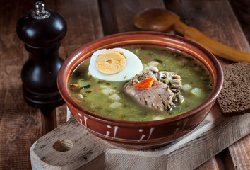 sorrel soup in a clay bowl