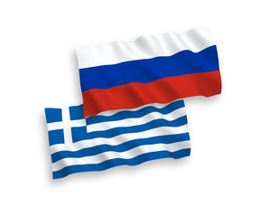 National vector fabric wave flags of Greece and Russia isolated on white background. 1 to 2 proportion.