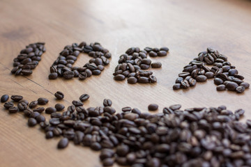 Sing of Idea concept drawn among brown roasted coffee beans