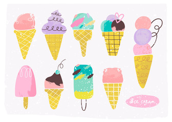 Various tasty ice cream. Hand drawn vector set. Watercolor style. Stamp texture. Colored trendy illustration. Flat design. All elements are isolated