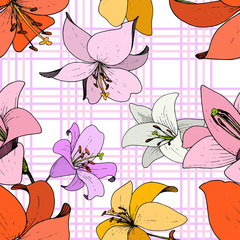 Fototapeta premium Vector Lily Floral botanical flower. Black and white engraved ink art. Seamless background pattern.