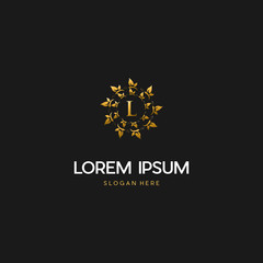 letter L Gold butterflies logo. initial text luxury logo. Butterfly Logo On Letter L Template. Initial Butterfly Sign Concept Template.