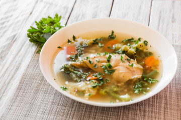 delicious homemade diet soup with rabbit and vegetables