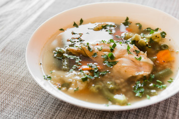 delicious homemade diet soup with rabbit and vegetables