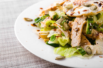 dietary salad with chicken breast, green beans, cucumber and egg