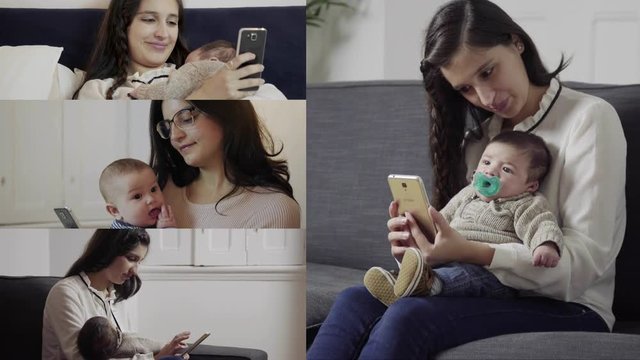 Collage of young woman using smartphone while hugging little child. Split screen montage wall. Technology concept