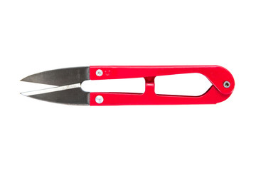 Red thread trimming scissors isolated on white background. Scissors yarn thread cutter snips trimming nipper tool isolated