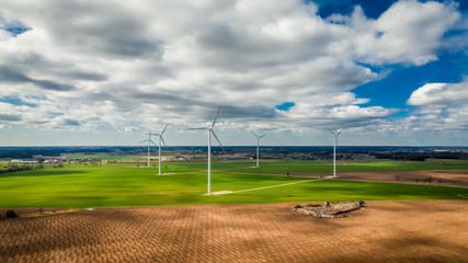 Aerial view of ecological wind turbines as pure energy