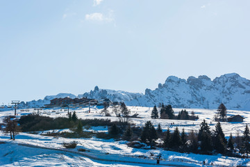 Dream atmosphere and views. Winter on the Alpe di Siusi, Dolomites. Italy