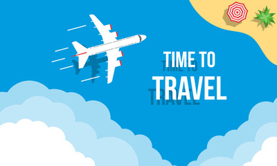 time to travel, promotion or offer banner or poster, flat vector tropical landscape illustration