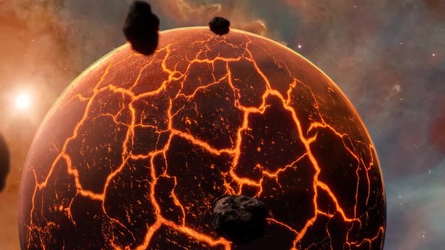 The camera is following asteroids on their way to Lava-Planet. There is a sun, and space nebula in the background. This is version 1 of Lava-Planet with less lava streams.