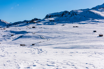 Dream atmosphere and views. Winter on the Alpe di Siusi, Dolomites. Italy