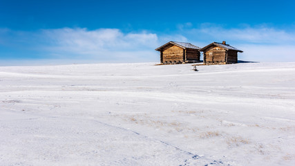 Dream atmosphere and views. Winter on the Alpe di Siusi, Dolomites. Italy