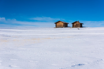 Dream atmosphere and views. Winter on the Alpe di Siusi, Dolomites. Italy