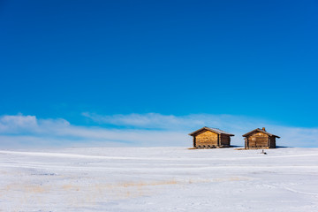 Dream atmosphere and views. Winter on the Alpe di Siusi, Dolomites. Italy
