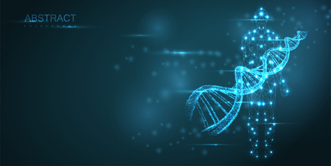 Blue abstract background with luminous DNA molecule, neon helix and human silhouette. - obrazy, fototapety, plakaty