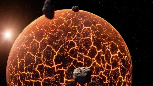 The camera is following asteroids on their way to Lava-Planet. There is a sun, and bright stars in the background. This is version 2 of Lava-Planet with more lava streams.