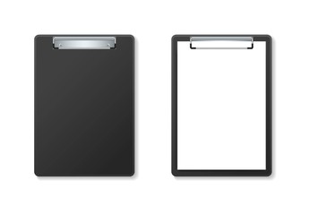 Set of two black clipboard. Empty paper holder and clipboard with white sheet on white background. Template design blank mock up. Concept for education, business, planning or infographics.