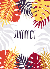 Fototapeta na wymiar summer tropical illustration in trendy colors augmented with thematic sign.
