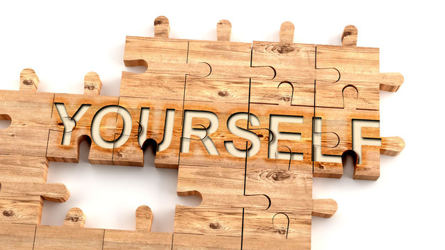Complex and confusing yourself: learn complicated, hard and difficult concept of yourself,pictured as pieces of a wooden jigsaw puzzle creating a whole, completed word, 3d illustration