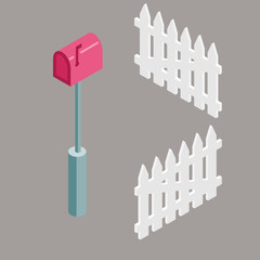 Set of isometric red mail box and white fences for suburban house illustration. 3d flat design. Concept for rent, real estate and home.