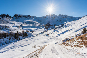 Dream atmosphere and views. Winter on the Alpe di Siusi, Dolomites. Italy