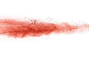 Living coral powder explosion on white background. Colored cloud. Colorful dust explode. Paint Holi.